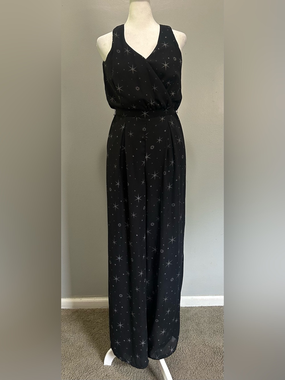 Star Wars Black Star-Print Sleeveless Jumpsuit V-neck Sheer Lightweight